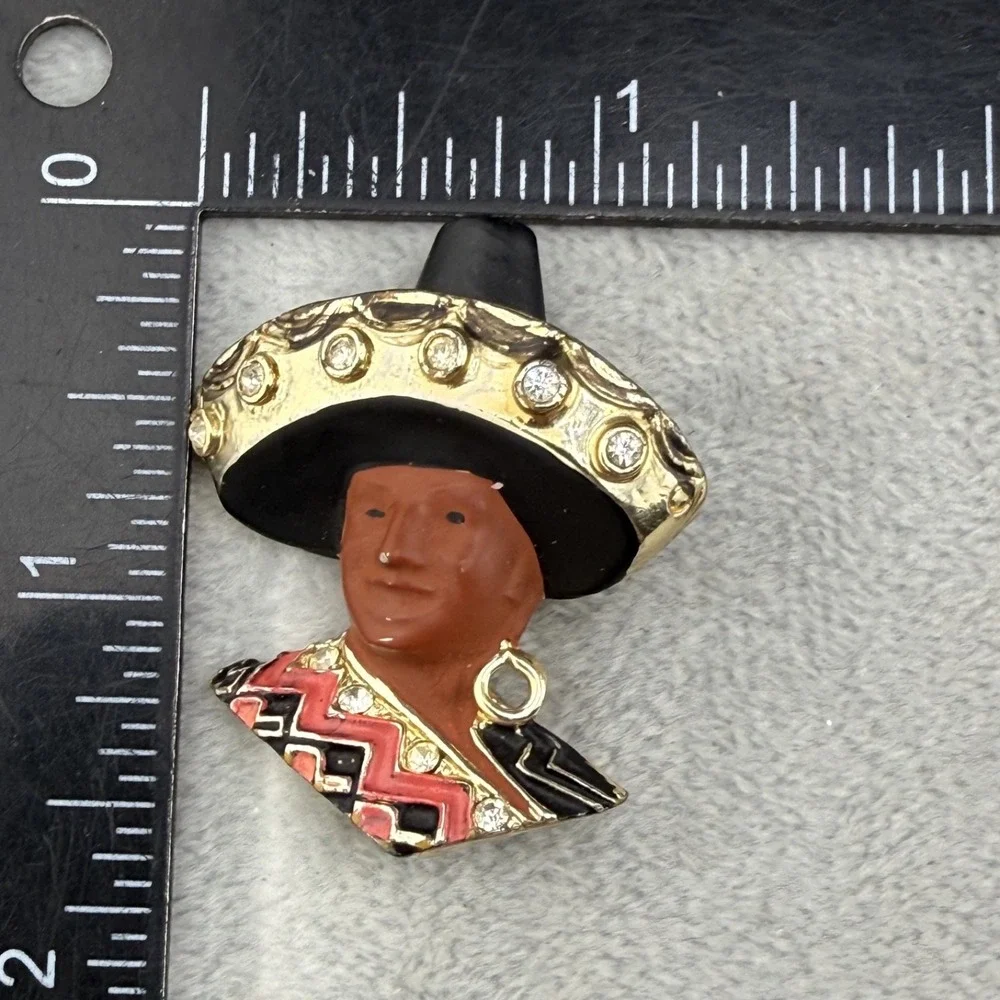 Vintage Estate Brooch Gold Tone Figural Sombrero Enamel Rhinestone Pin